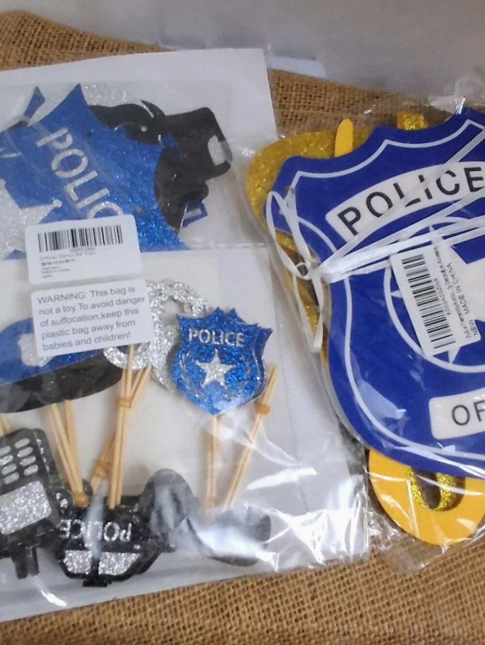 Party Supplies Huge Lot Policeman- Badges Handcuffs, Crime Tape, Flags, Banners